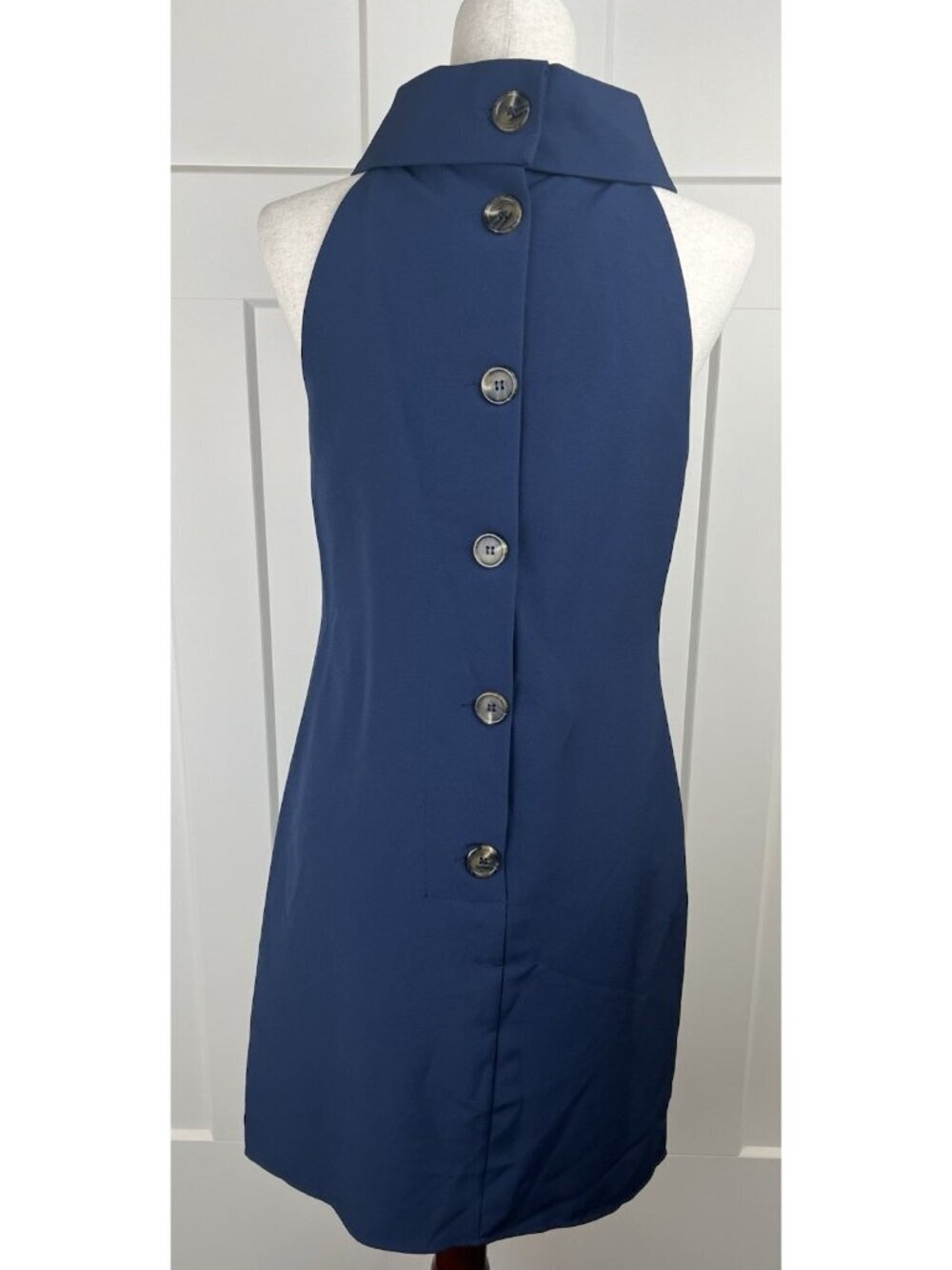 Sail to Sable Navy Dress XS High Neck Draped Collar Button Back Lined Preppy NWT - Picture 6 of 13